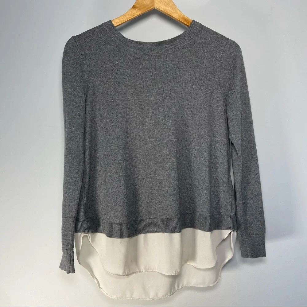 Loft Grey Sweater Layered Sheer White Lining Split Back Ruffle Preppy Clueless - Picture 1 of 9